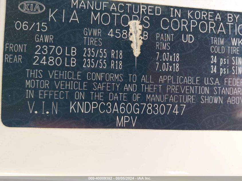 2016 Kia Sportage Sx VIN: KNDPC3A60G7830747 Lot: 40009382