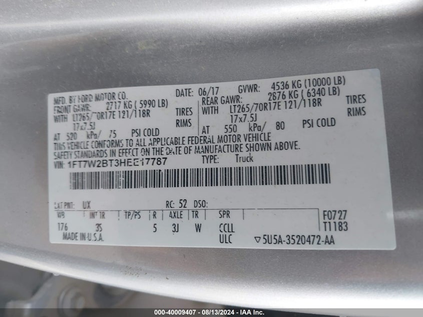 2017 Ford F-250 Xlt VIN: 1FT7W2BT3HEE17787 Lot: 40009407