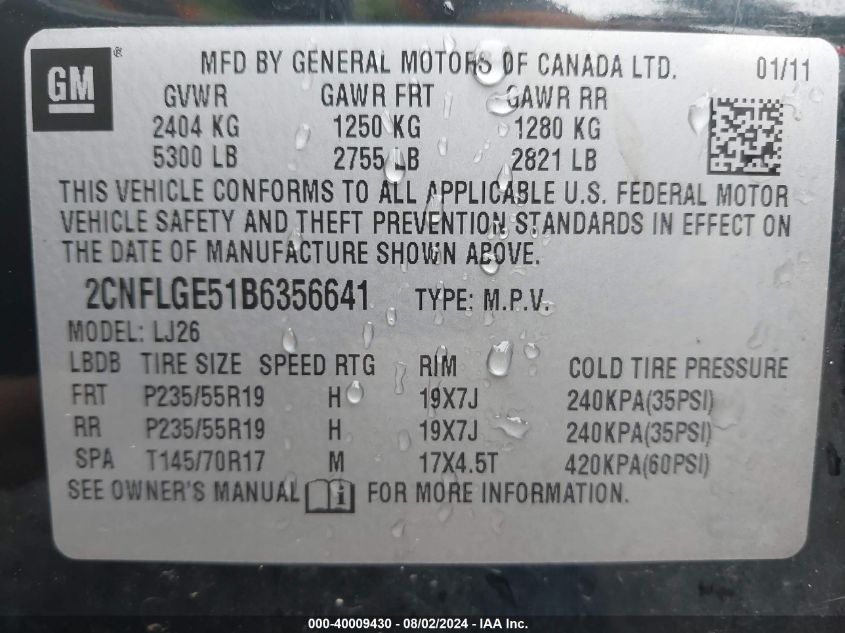 2011 Chevrolet Equinox Ltz VIN: 2CNFLGE51B6356641 Lot: 40009430