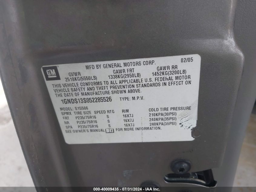 2005 Chevrolet Trailblazer Ls VIN: 1GNDS13S052285526 Lot: 40009435