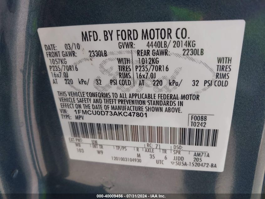 2010 Ford Escape Xlt VIN: 1FMCU0D73AKC47801 Lot: 40009456