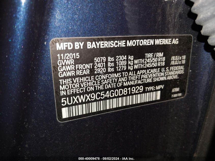 2016 BMW X3 xDrive28I VIN: 5UXWX9C54G0D81929 Lot: 40009478