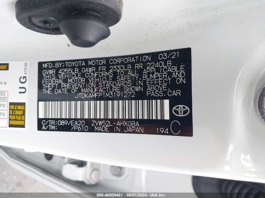 VIN JTDKAMFP1M3191272 2021 TOYOTA PRIUS PRIME XLE