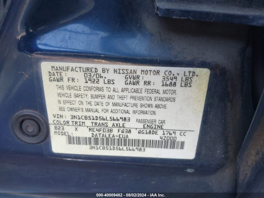 2006 Nissan Sentra 1.8S VIN: 3N1CB51D56L566983 Lot: 40009482