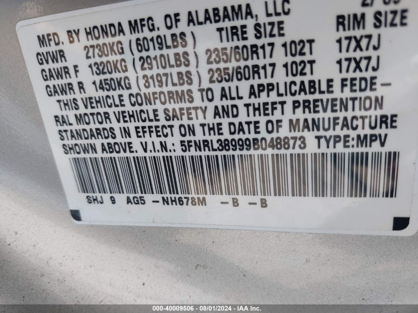 2009 Honda Odyssey Touring VIN: 5FNRL38999B048873 Lot: 40009506