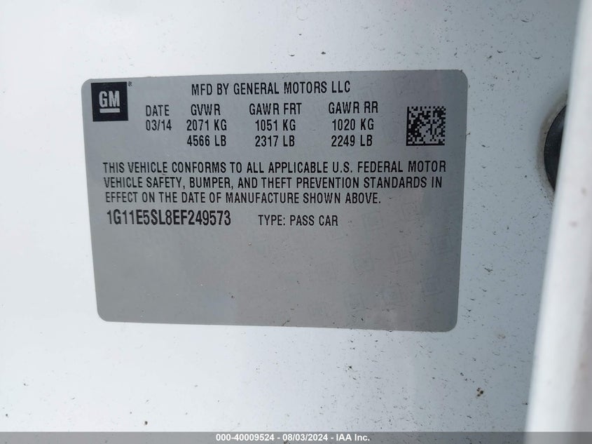 2014 Chevrolet Malibu 2Lt VIN: 1G11E5SL8EF249573 Lot: 40009524