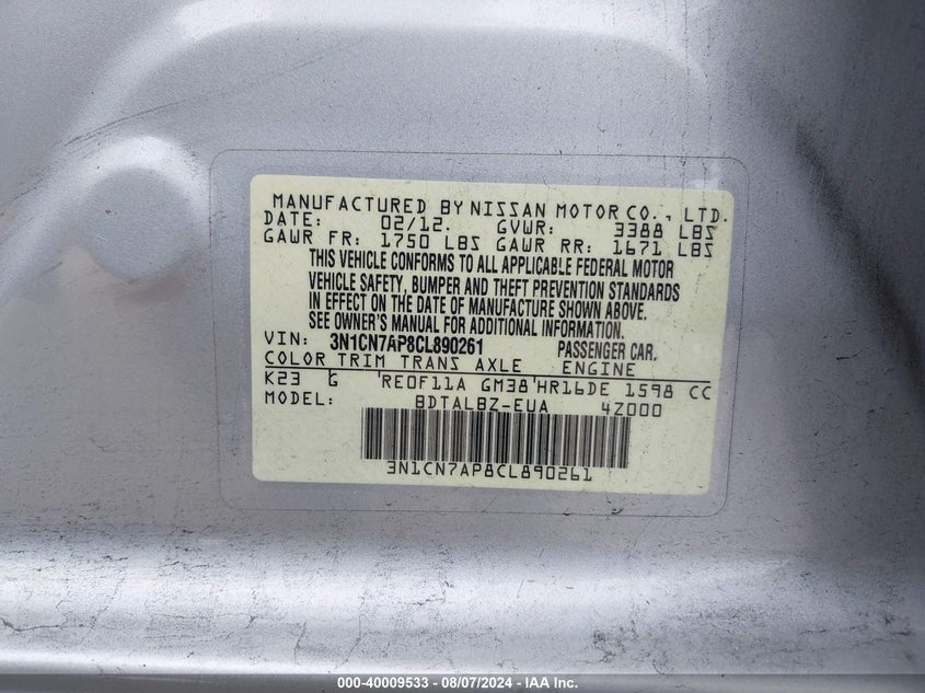 2012 Nissan Versa 1.6 Sv VIN: 3N1CN7AP8CL890261 Lot: 40009533