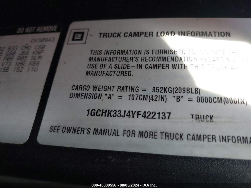 2000 Chevrolet Gmt-400 K3500 VIN: 1GCHK33J4YF422137 Lot: 40009556