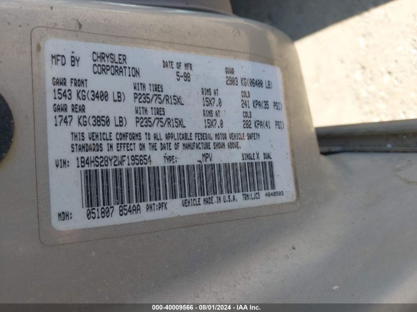 1998 Dodge Durango VIN: 1B4HS28Y2WF195654 Lot: 40009566