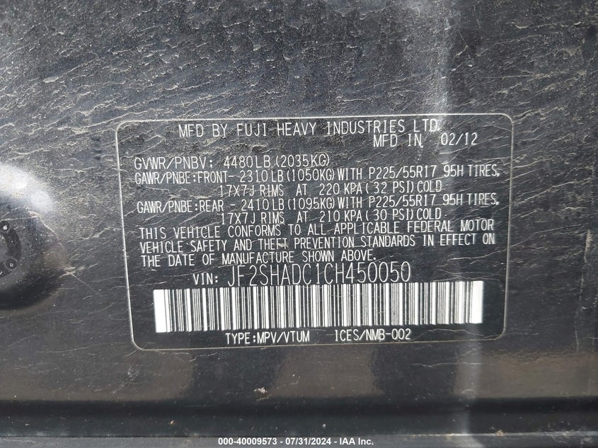 2012 Subaru Forester 2.5X Premium VIN: JF2SHADC1CH450050 Lot: 40009573