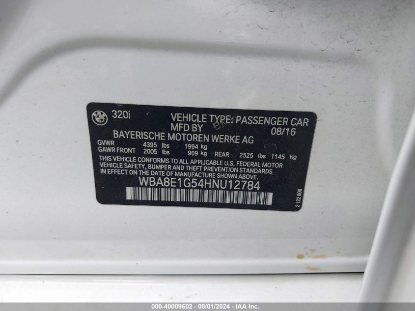 2017 BMW 320I VIN: WBA8E1G54HNU12784 Lot: 40009602