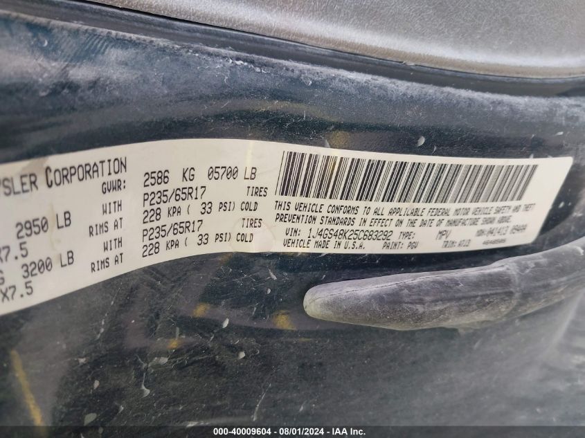 2005 Jeep Grand Cherokee Laredo/Columbia/Freedom VIN: 1J4GS48K25C683292 Lot: 40009604