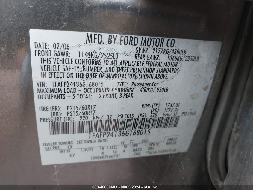 2006 Ford Five Hundred Sel VIN: 1FAFP24136G168015 Lot: 40009683