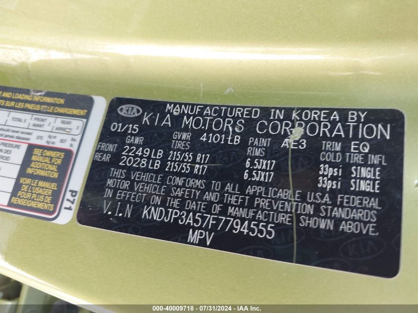 2015 Kia Soul + VIN: KNDJP3A57F7794555 Lot: 40009718