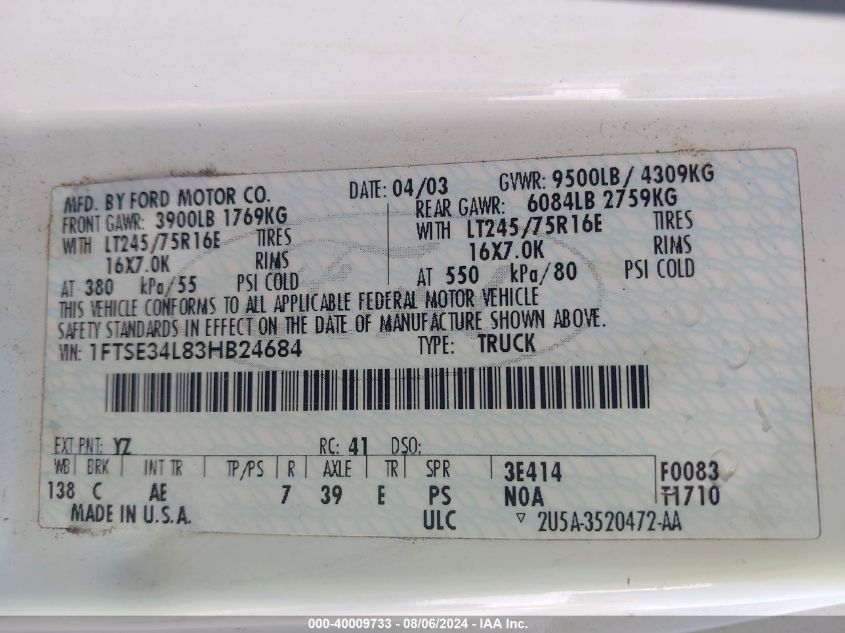 2003 Ford E-350 Super Duty Commercial/Recreational VIN: 1FTSE34L83HB24684 Lot: 40009733