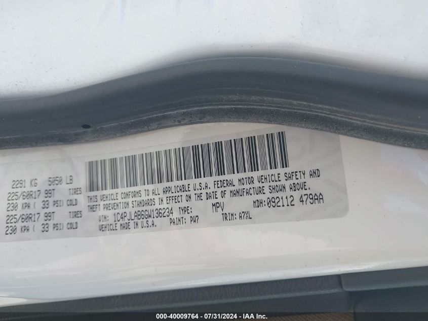 2016 Jeep Cherokee Sport VIN: 1C4PJLAB6GW136234 Lot: 40009764