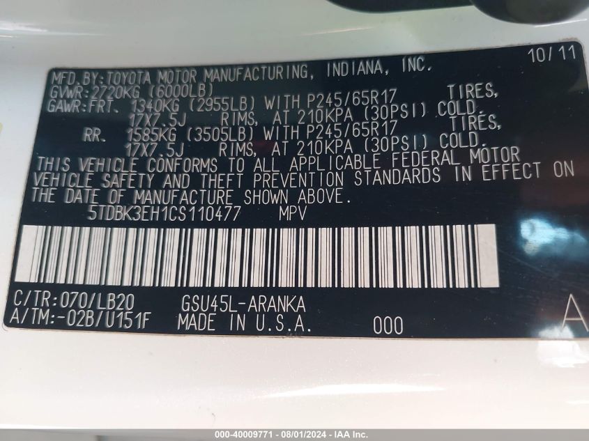 2012 Toyota Highlander Se V6 VIN: 5TDBK3EH1CS110477 Lot: 40009771