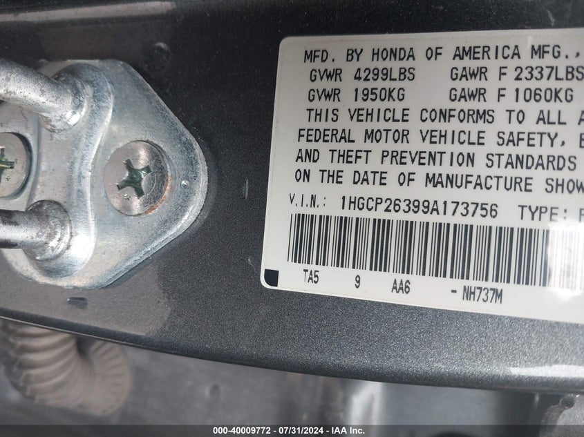 2009 Honda Accord 2.4 Lx VIN: 1HGCP26399A173756 Lot: 40009772