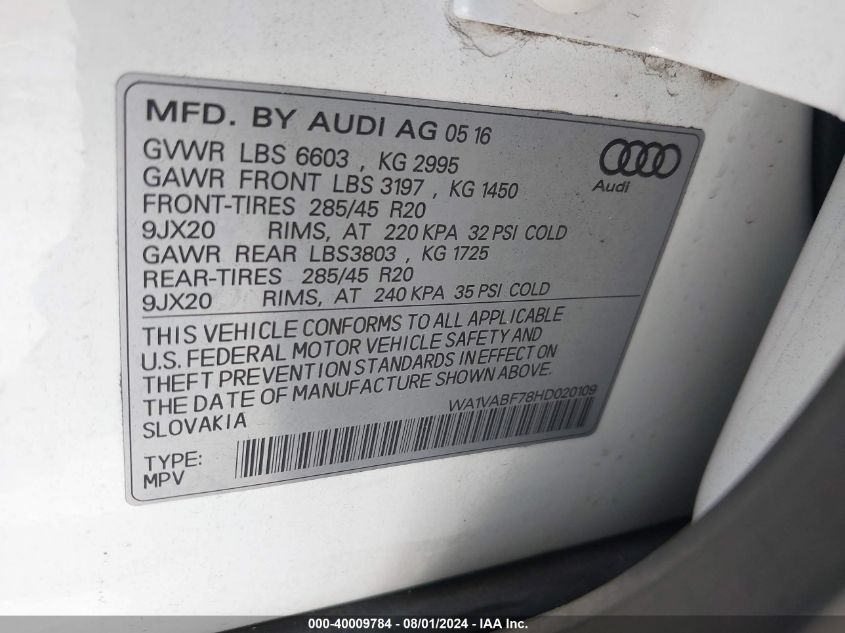 2017 Audi Q7 3.0T Premium VIN: WA1VABF78HD020109 Lot: 40009784