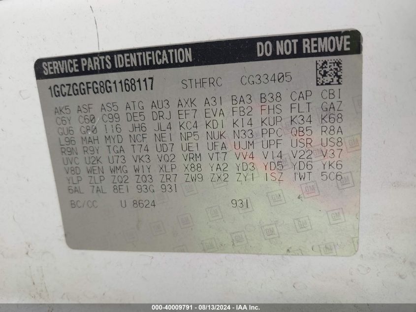 2016 Chevrolet Express 3500 Work Van VIN: 1GCZGGFG8G1168117 Lot: 40009791