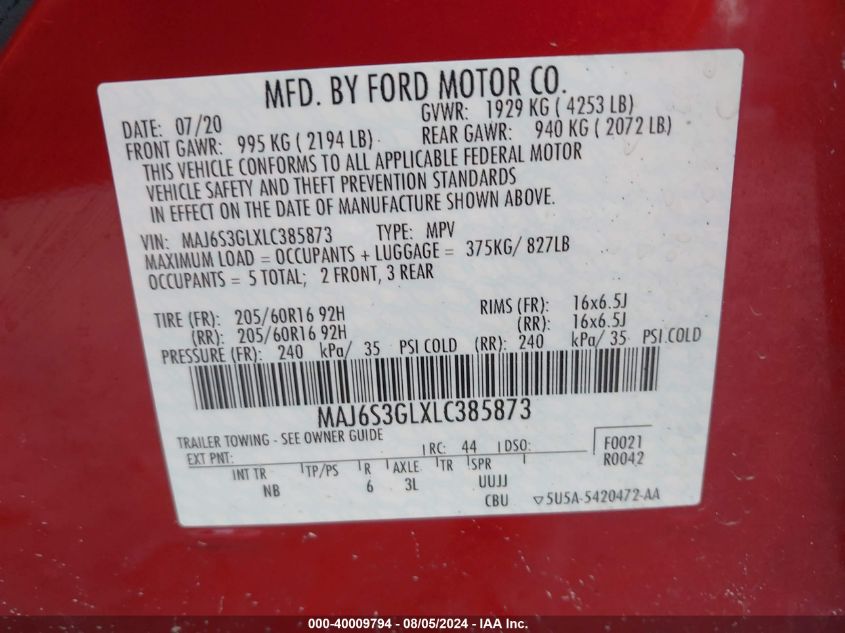 2020 Ford Ecosport Se VIN: MAJ6S3GLXLC385873 Lot: 40009794