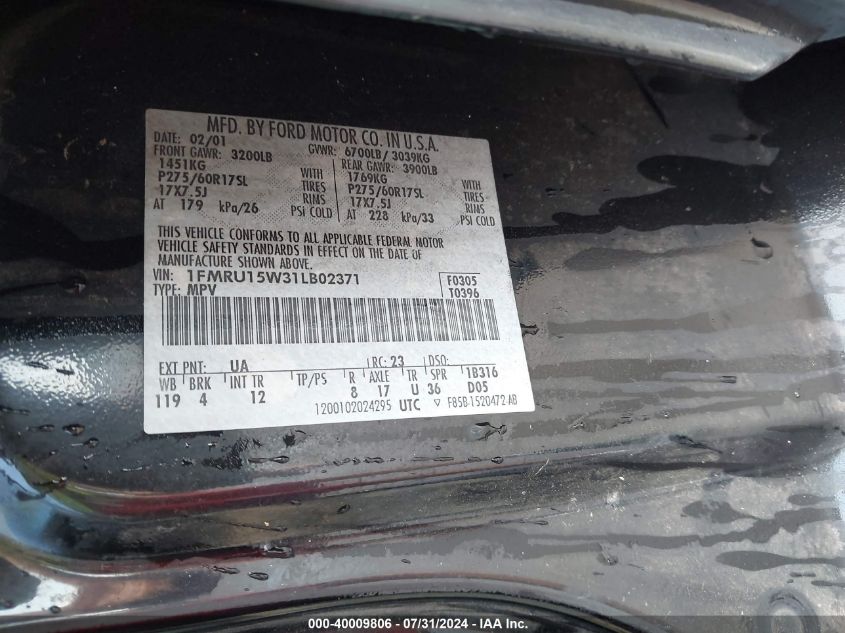 2001 Ford Expedition Xlt VIN: 1FMRU15W31LB02371 Lot: 40009806