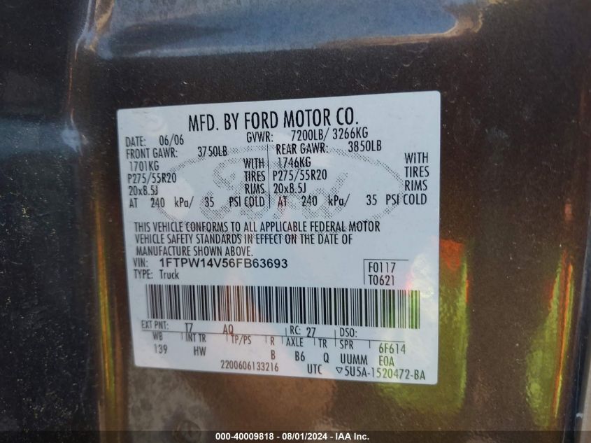 2006 Ford F-150 Fx4/Lariat/Xlt VIN: 1FTPW14V56FB63693 Lot: 40009818