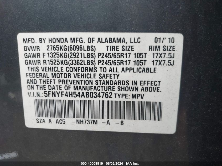 2010 Honda Pilot Ex-L VIN: 5FNYF4H54AB034762 Lot: 40009819