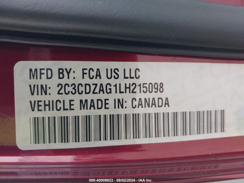 2020 Dodge Challenger Sxt VIN: 2C3CDZAG1LH215098 Lot: 40009823