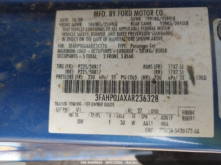 2010 Ford Fusion Sel VIN: 3FAHP0JAXAR236328 Lot: 40009824