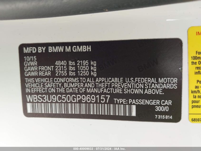 2016 BMW M4 VIN: WBS3U9C50GP969157 Lot: 40009833