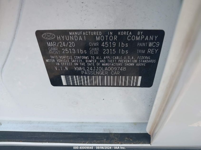 2020 Hyundai Sonata Hybrid Blue VIN: KMHL24JJ0LA009748 Lot: 40009845