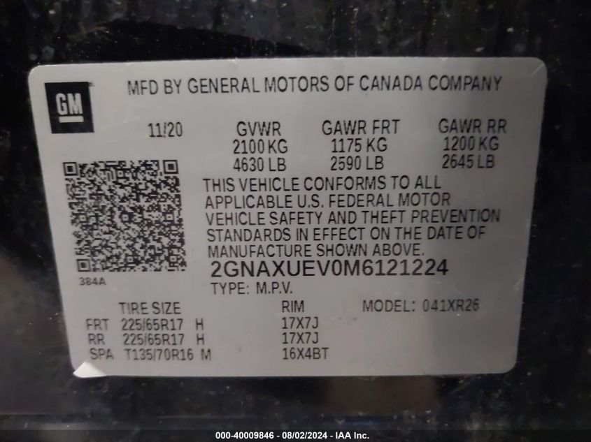 2021 Chevrolet Equinox Awd Lt VIN: 2GNAXUEV0M6121224 Lot: 40009846