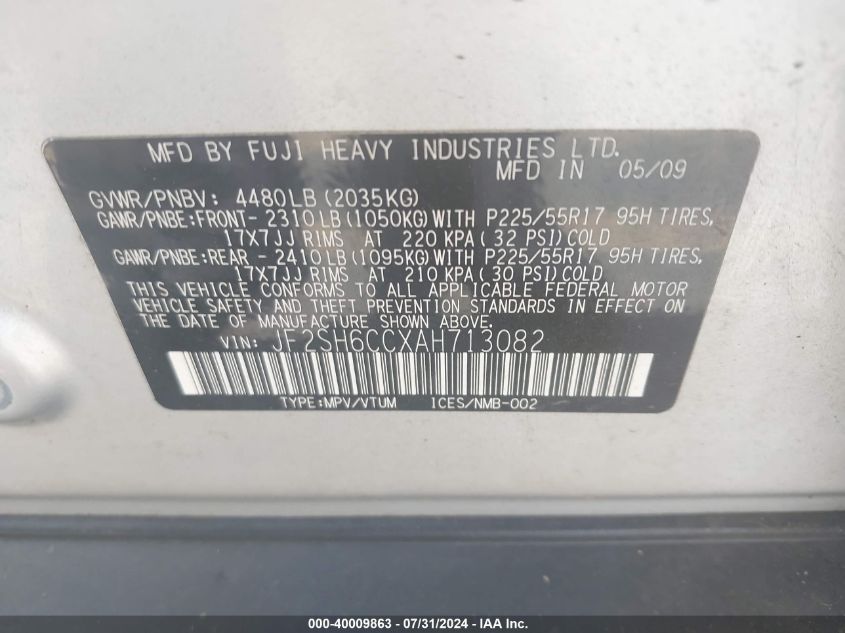 2010 Subaru Forester 2.5X Premium VIN: JF2SH6CCXAH713082 Lot: 40009863