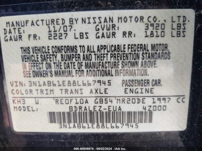 2008 Nissan Sentra 2.0S VIN: 3N1AB61E88L667945 Lot: 40009878