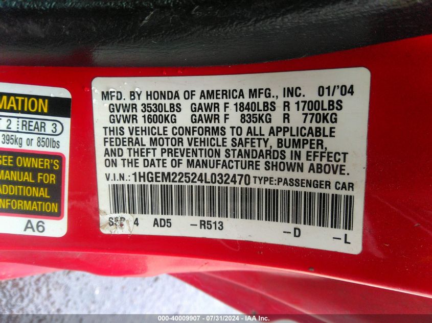 2004 Honda Civic Lx VIN: 1HGEM22524L032470 Lot: 40009907
