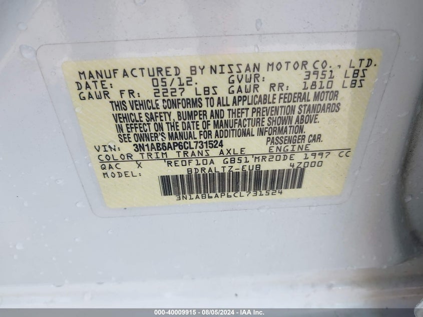 2012 Nissan Sentra 2.0 S VIN: 3N1AB6AP6CL731524 Lot: 40009915