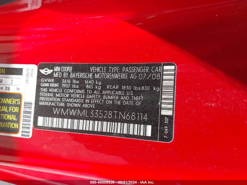 2008 Mini Cooper Clubman VIN: WMWML33528TN68114 Lot: 40009926
