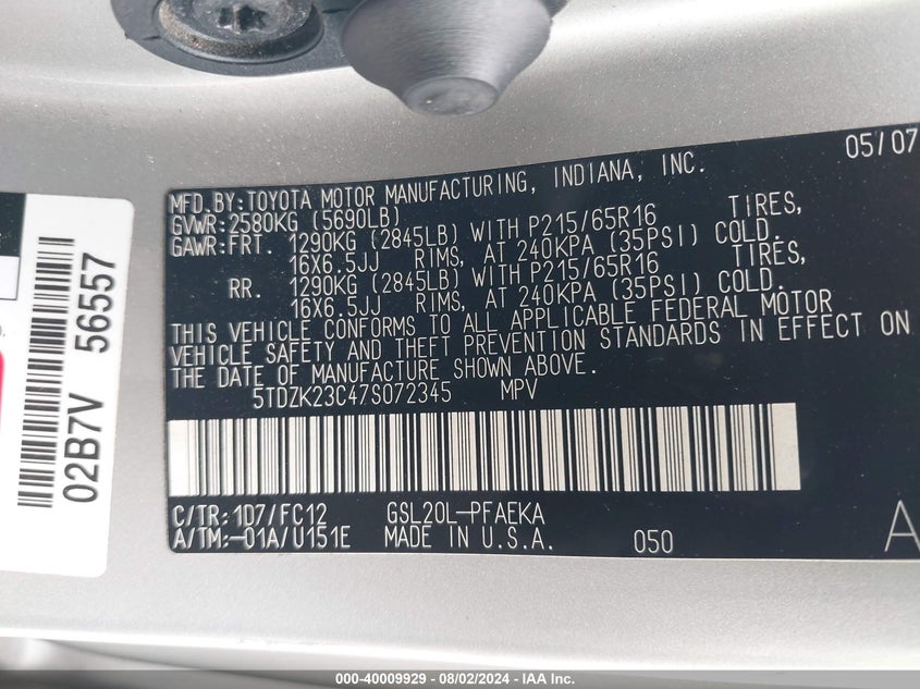 2007 Toyota Sienna Ce/Le VIN: 5TDZK23C47S072345 Lot: 40009929