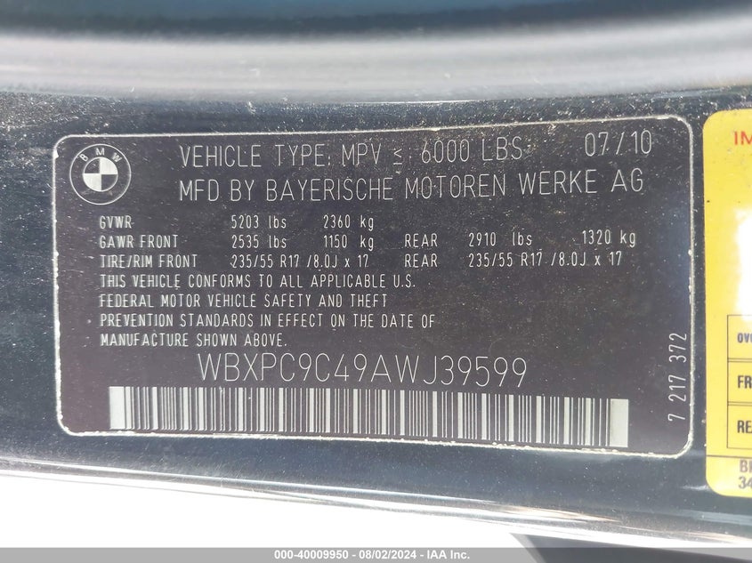 2010 BMW X3 xDrive30I VIN: WBXPC9C49AWJ39599 Lot: 40009950