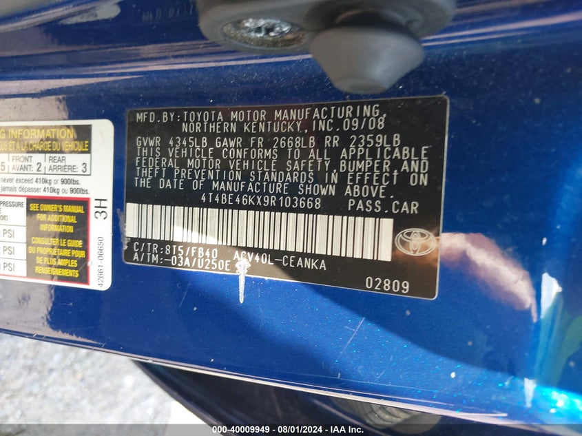 2009 Toyota Camry Le VIN: 4T4BE46KX9R103668 Lot: 40009949