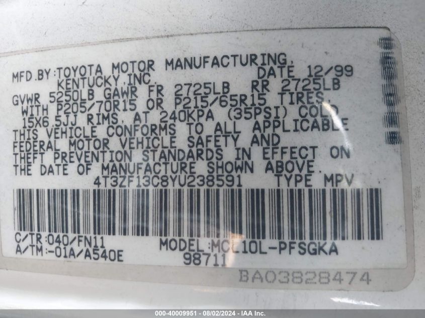 2000 Toyota Sienna Le VIN: 4T3ZF13C8YU238591 Lot: 40009951