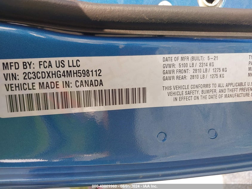 VIN 2C3CDXHG4MH598112 2021 DODGE CHARGER GT RWD