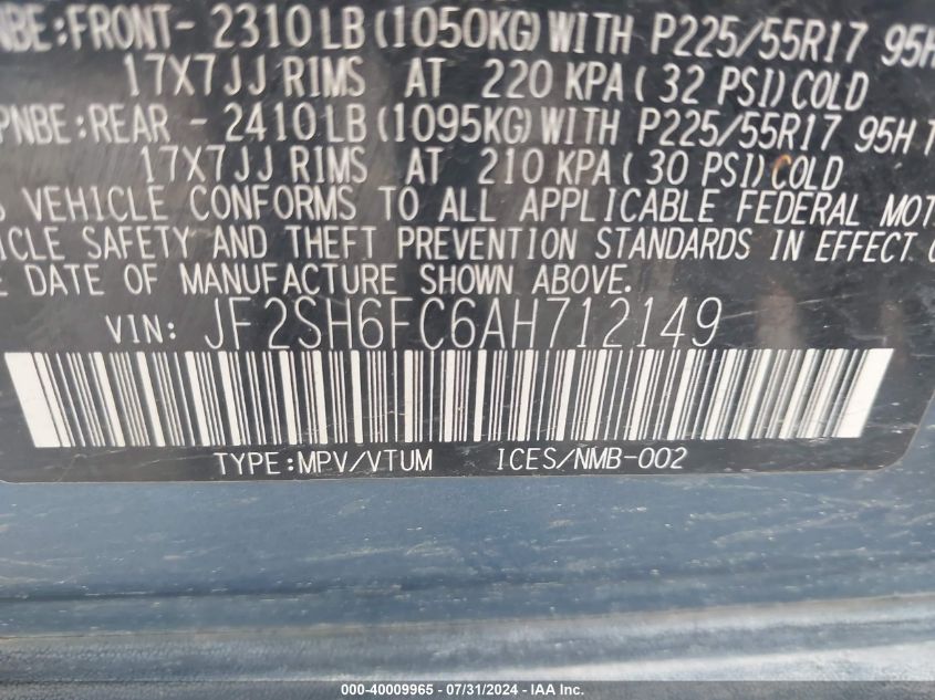 2010 Subaru Forester 2.5Xt Limited VIN: JF2SH6FC6AH712149 Lot: 40009965