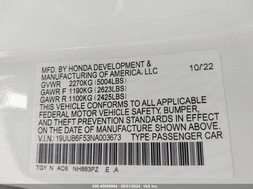 19UUB6F53NA003673 2022 Acura Tlx A-Spec Package