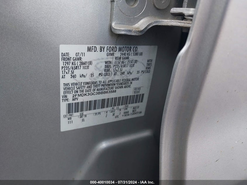 2011 Ford Edge Se VIN: 2FMDK3GC3BBB63588 Lot: 40010034