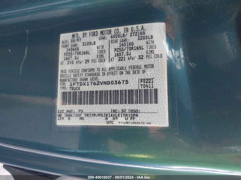 1997 Ford F150 VIN: 1FTDX1762VND03675 Lot: 40010037