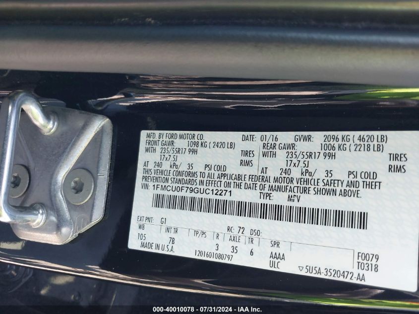 2016 Ford Escape S VIN: 1FMCU0F79GUC12271 Lot: 40010078