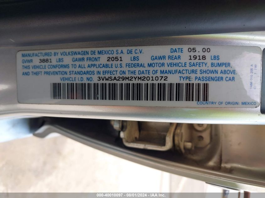 2000 Volkswagen Jetta Gls VIN: 3VWSA29M2YM201072 Lot: 40010097