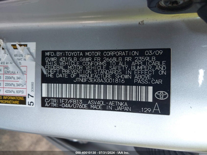 2010 Toyota Camry Le VIN: JTNBF3EK8A3001816 Lot: 40010130